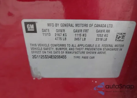 2014 Chevrolet Impala 2Lt z USA, uszkodzony, nr VIN 2G1125S34E9208455